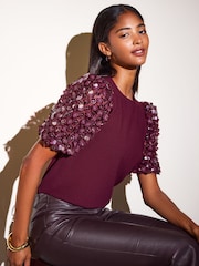Friends Like These Burgundy Red Floral Sequin Puff Sleeve Top - Image 1 of 7