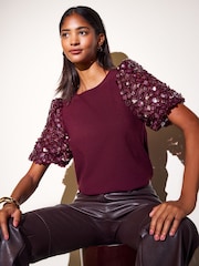 Friends Like These Burgundy Red Floral Sequin Puff Sleeve Top - Image 3 of 7