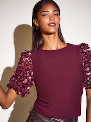 Friends Like These Burgundy Red Floral Sequin Puff Sleeve Top - Image 5 of 7