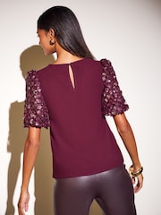 Friends Like These Burgundy Red Floral Sequin Puff Sleeve Top - Image 7 of 7