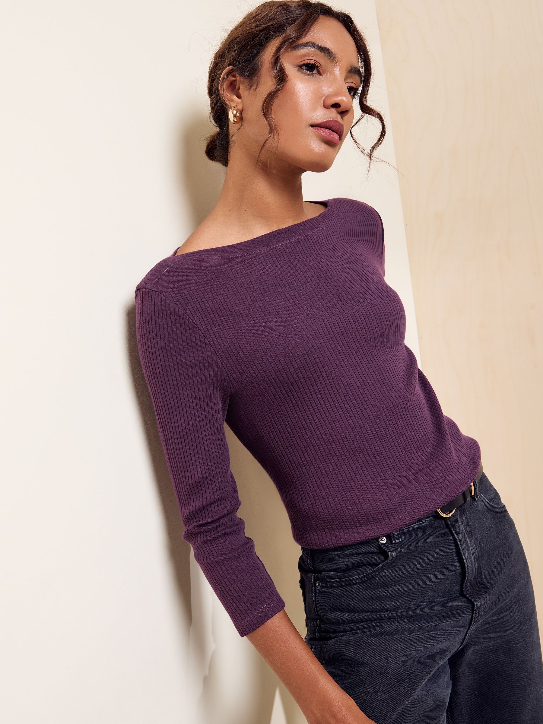 Buy Friends Like These Aubergine Purple 3/4 Sleeve Ribbed Boat