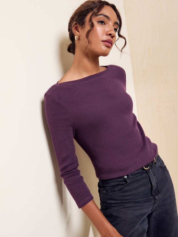 Friends Like These Aubergine Purple 3/4 Sleeve Ribbed Boat Neck T-Shirt - Image 1 of 6 Friends Like These Aubergine Purple 3/4 Sleeve Ribbed Boat Neck T-Shirt - Image 1 of 6