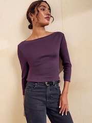 Friends Like These Aubergine Purple 3/4 Sleeve Ribbed Boat Neck T-Shirt - Image 3 of 6