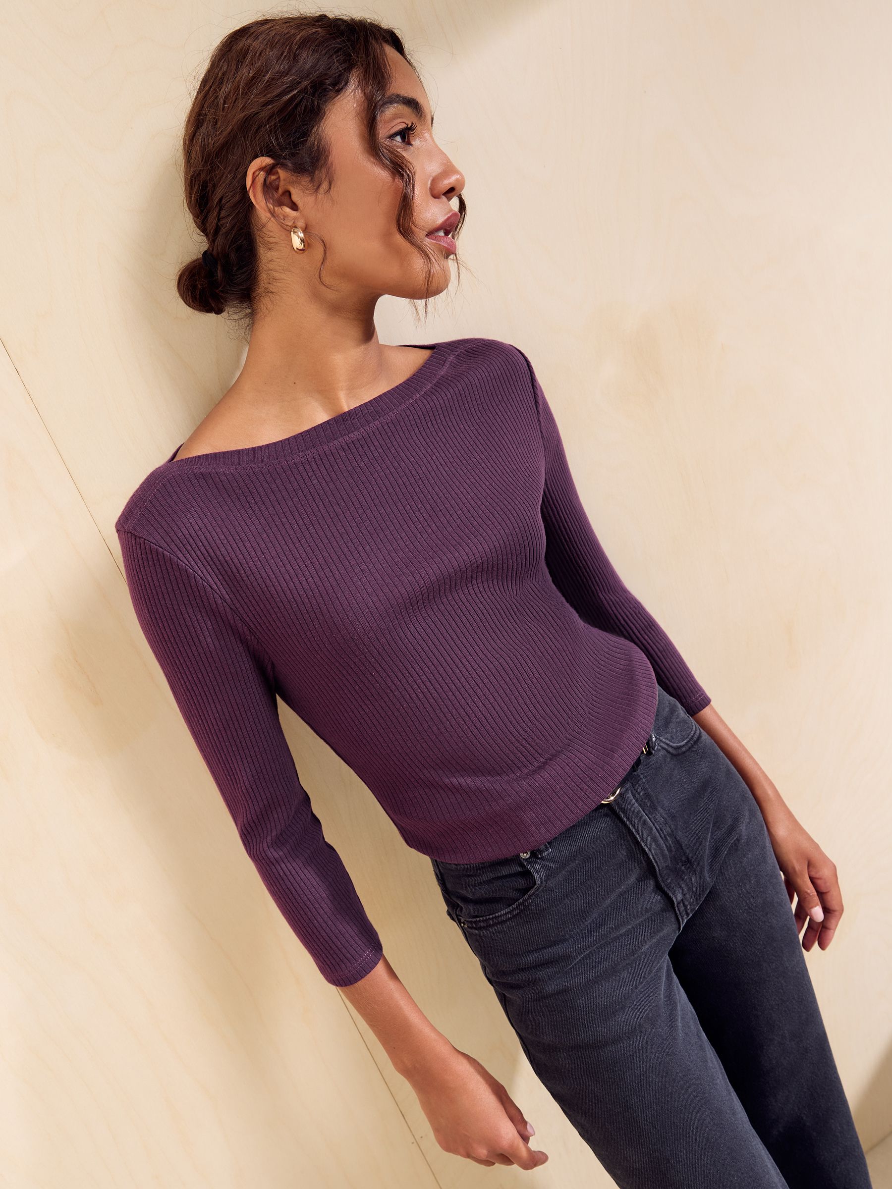Buy Friends Like These Aubergine Purple 3/4 Sleeve Ribbed Boat