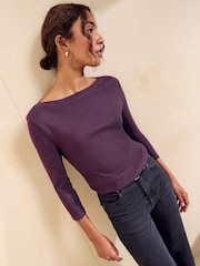 Friends Like These Aubergine Purple 3/4 Sleeve Ribbed Boat Neck T-Shirt - Image 5 of 6