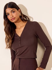 Friends Like These Chocolate Brown Long Sleeve Button Henley Top - Image 3 of 5