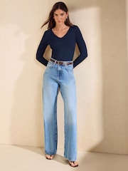 Marina de guerra - Friends Like These blusa de Manga larga con Cuello de pico y canalé. - Imagen 1 de 4
