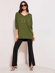 Friends Like These Olive Green Soft Jersey V-Neck Long Sleeve Tunic Top - Image 1 of 4