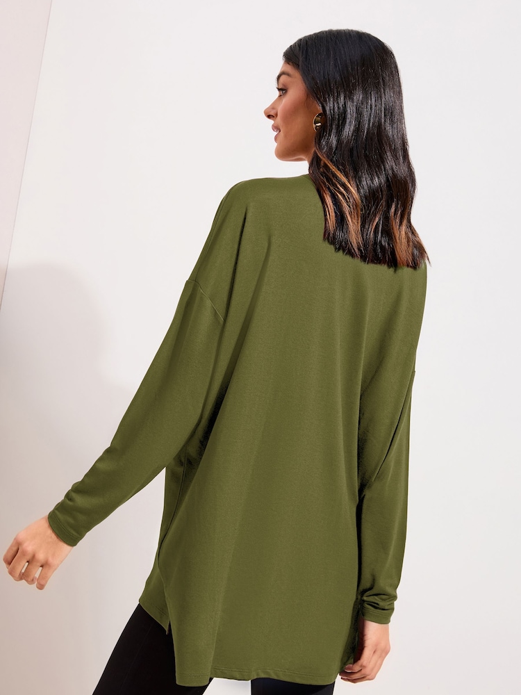 Friends Like These Olive Green Soft Jersey V-Neck Long Sleeve Tunic Top - Image 4 of 4