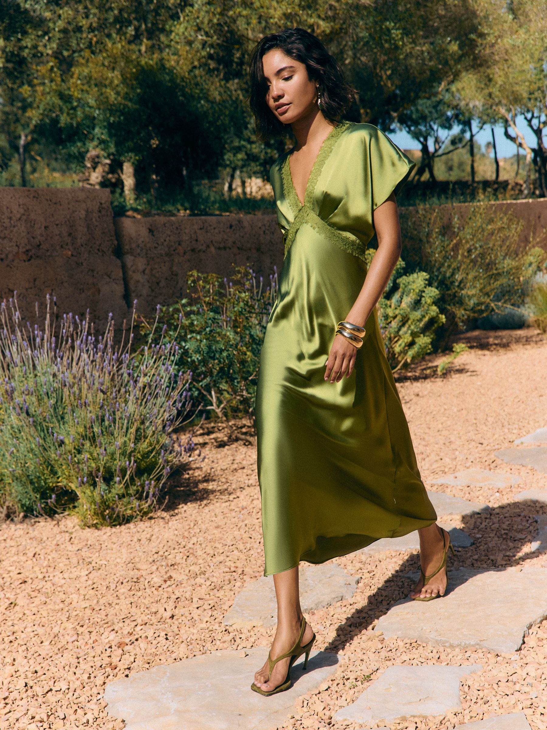 Buy Friends Like These Olive Green Satin Lace Trim Batwing Midi