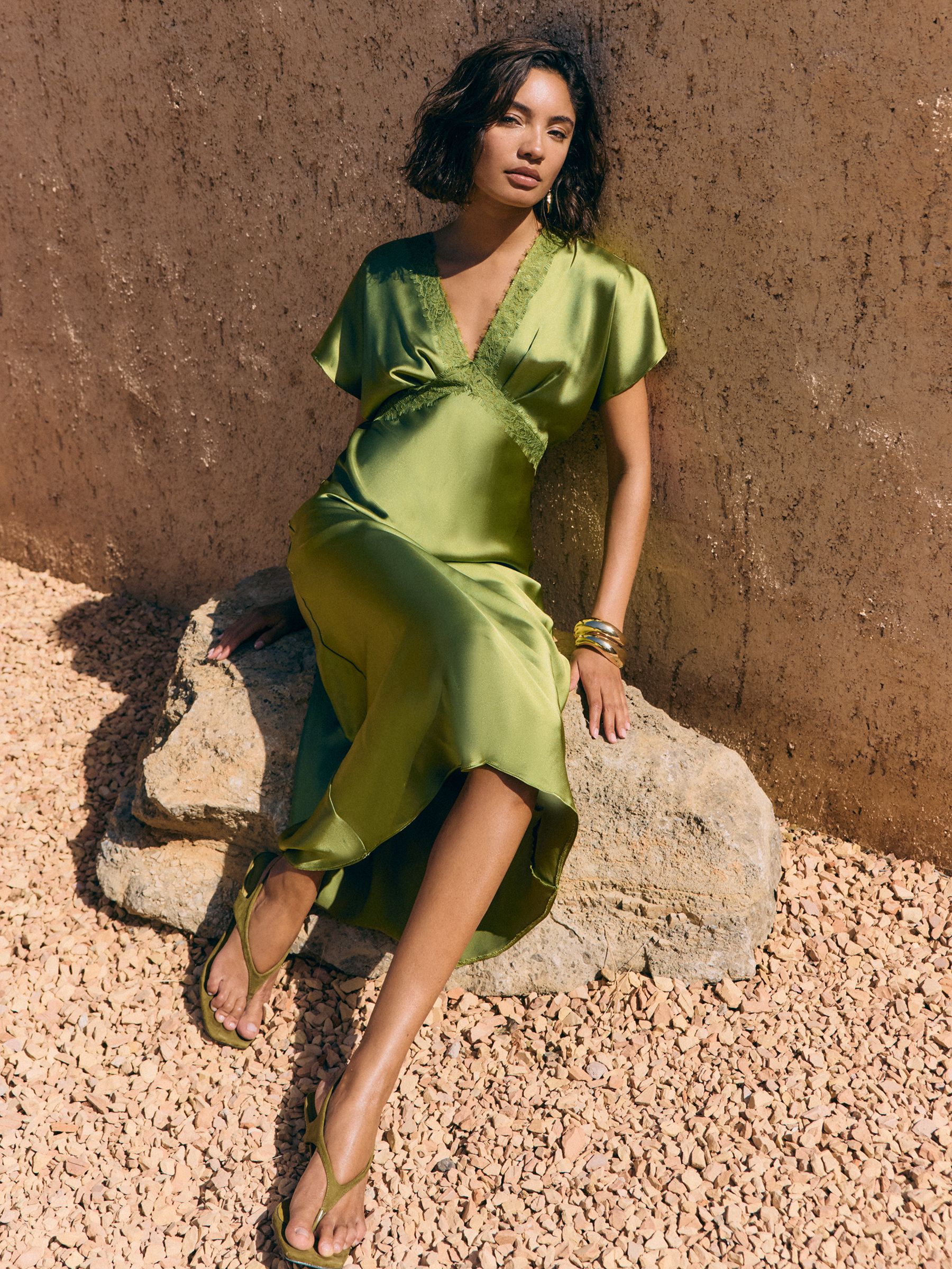 Buy Friends Like These Olive Green Satin Lace Trim Batwing Midi