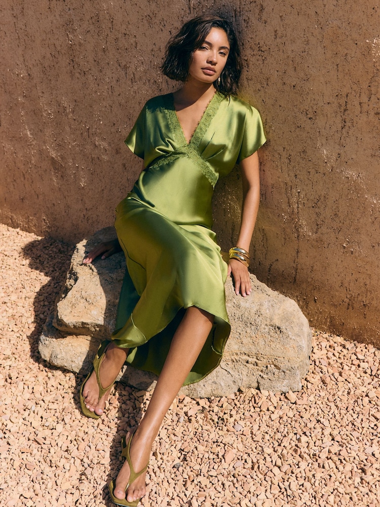 olive satin dress midi Buy Friends Like These Olive Green Petite Satin Sleeveless Draped Hardware Midi Dress from Next USA