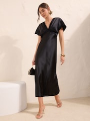 Friends Like These Black Satin Lace Trim Batwing Midi Dress - Image 1 of 4
