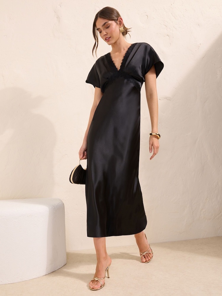 Friends Like These Black Satin Lace Trim Batwing Midi Dress - Image 1 of 4 Friends Like These Black Satin Lace Trim Batwing Midi Dress - Image 1 of 4
