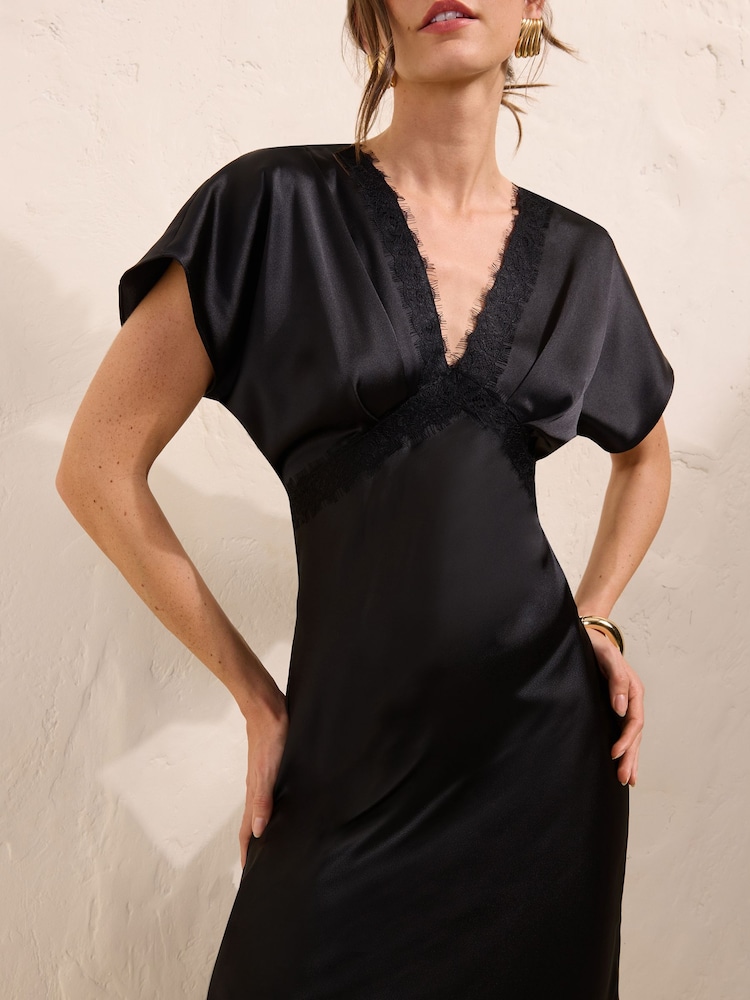 Friends Like These Black Satin Lace Trim Batwing Midi Dress - Image 2 of 4 Friends Like These Black Satin Lace Trim Batwing Midi Dress - Image 2 of 4