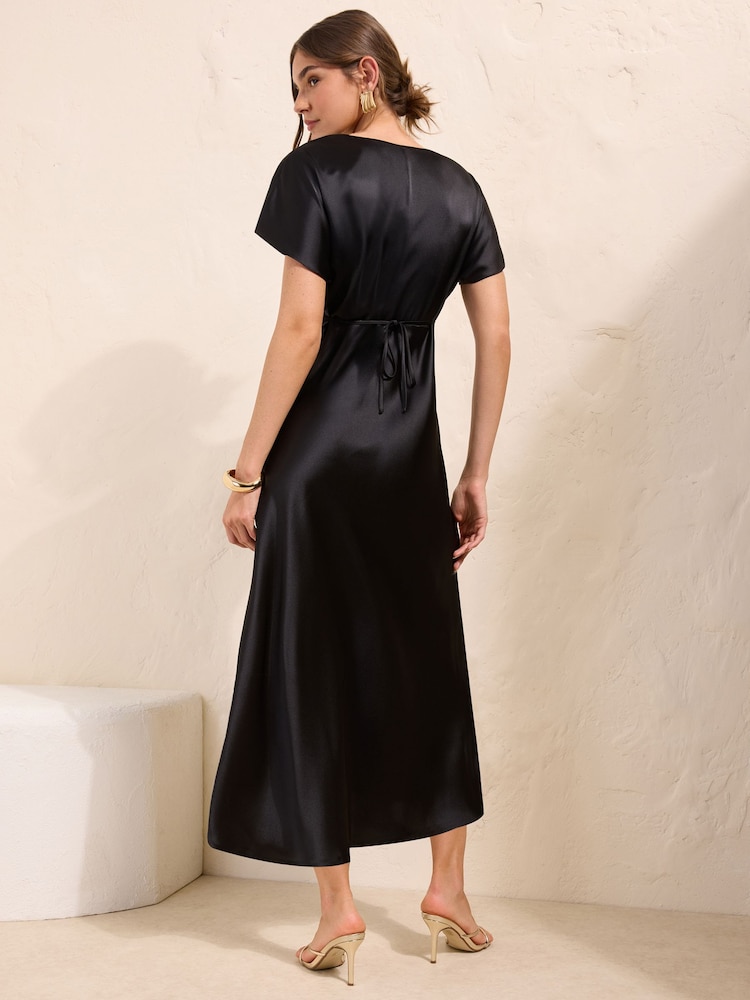Friends Like These Black Satin Lace Trim Batwing Midi Dress - Image 4 of 4 Friends Like These Black Satin Lace Trim Batwing Midi Dress - Image 4 of 4