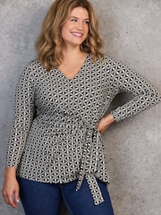 Live Unlimited Black Geo Print V-Neck Side Tie Tunic - Image 1 of 6