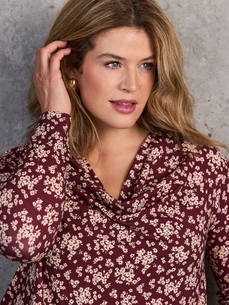 Live Unlimited Red Ditsy Draped Cowl Neck Top - Image 3 of 3