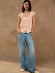 Pink/Yellow Check V-Neck Short Sleeve Blouse With Linen - Image 2 of 8