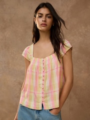 Pink/Yellow Check V-Neck Short Sleeve Blouse With Linen - Image 3 of 8