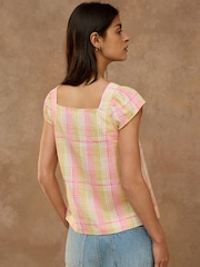 Pink/Yellow Check V-Neck Short Sleeve Blouse With Linen - Image 4 of 8