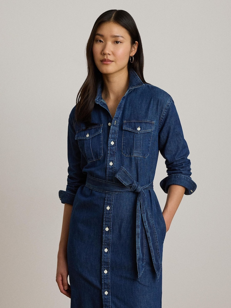 Lauren Ralph Lauren Blue Denim Patch Pocket Long Sleeve Shirt Dress - Image 1 of 5