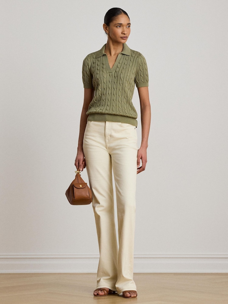 Lauren Ralph Lauren Green Cable Knit Short Sleeve Polo Shirt - Image 2 of 5 Lauren Ralph Lauren Green Cable Knit Short Sleeve Polo Shirt - Image 2 of 5