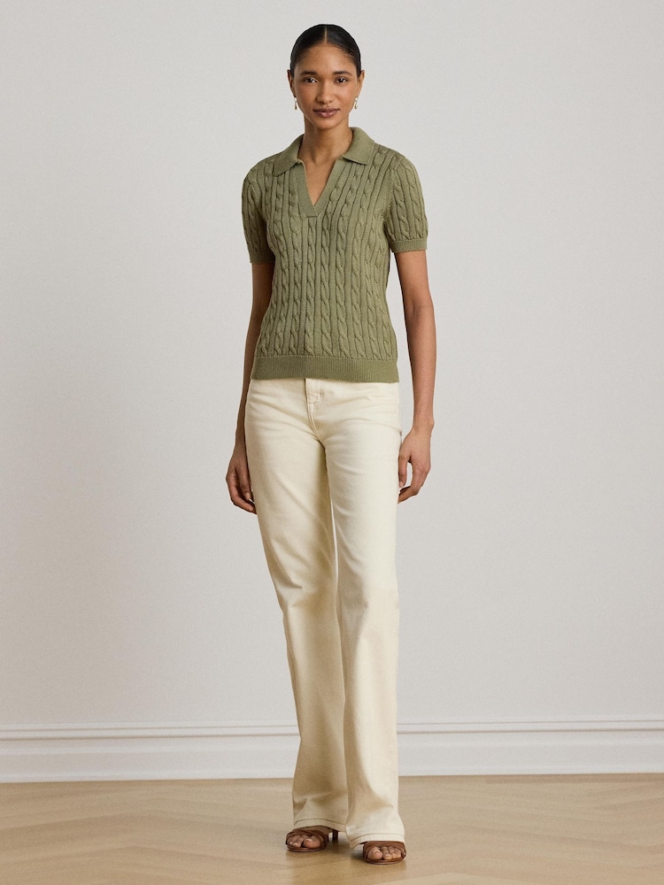 Lauren Ralph Lauren Green Cable Knit Short Sleeve Polo Shirt - Image 5 of 5 Lauren Ralph Lauren Green Cable Knit Short Sleeve Polo Shirt - Image 5 of 5