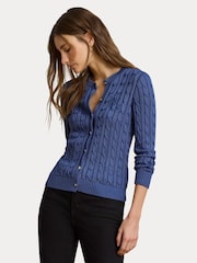 Lauren Ralph Lauren Blue Ralhan Cable Knit Logo Crest Cardigan - Image 1 of 5