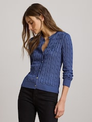 Lauren Ralph Lauren Blue Ralhan Cable Knit Logo Crest Cardigan - Image 3 of 5