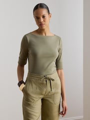 Lauren Ralph Lauren Green Judy Stretch Cotton Boat Neck Mid Sleeve T-Shirt - Image 1 of 4