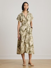 Lauren Ralph Lauren Green Soft Drapey Linen Fern Print Short Sleeve Shirt Dress - Image 1 of 5