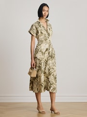 Lauren Ralph Lauren Green Soft Drapey Linen Fern Print Short Sleeve Shirt Dress - Image 3 of 5