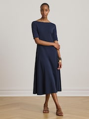 Lauren Ralph Lauren Blue Munzie Cotton Stretch Jersey Boat Neck Mid Sleeve Dress - Image 1 of 7