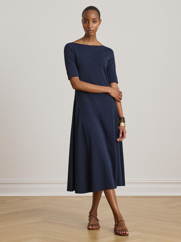 Lauren Ralph Lauren Blue Munzie Cotton Stretch Jersey Boat Neck Mid Sleeve Dress - Image 1 of 7 Lauren Ralph Lauren Blue Munzie Cotton Stretch Jersey Boat Neck Mid Sleeve Dress - Image 1 of 7