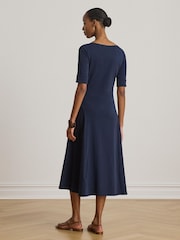 Lauren Ralph Lauren Blue Munzie Cotton Stretch Jersey Boat Neck Mid Sleeve Dress - Image 2 of 7