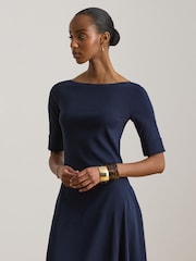 Lauren Ralph Lauren Blue Munzie Cotton Stretch Jersey Boat Neck Mid Sleeve Dress - Image 3 of 7