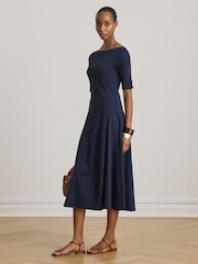 Lauren Ralph Lauren Blue Munzie Cotton Stretch Jersey Boat Neck Mid Sleeve Dress - Image 5 of 7