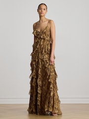 Lauren Ralph Lauren Natural Python Print Chiffon Ruffled Spaghetti Strap Gown - Image 1 of 4