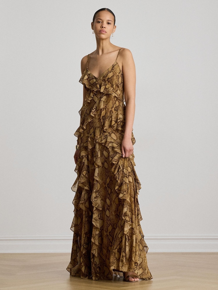 Lauren Ralph Lauren Natural Python Print Chiffon Ruffled Spaghetti Strap Gown - Image 1 of 4 Lauren Ralph Lauren Natural Python Print Chiffon Ruffled Spaghetti Strap Gown - Image 1 of 4