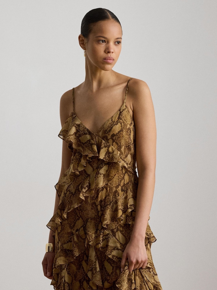 Lauren Ralph Lauren Natural Python Print Chiffon Ruffled Spaghetti Strap Gown - Image 2 of 4 Lauren Ralph Lauren Natural Python Print Chiffon Ruffled Spaghetti Strap Gown - Image 2 of 4