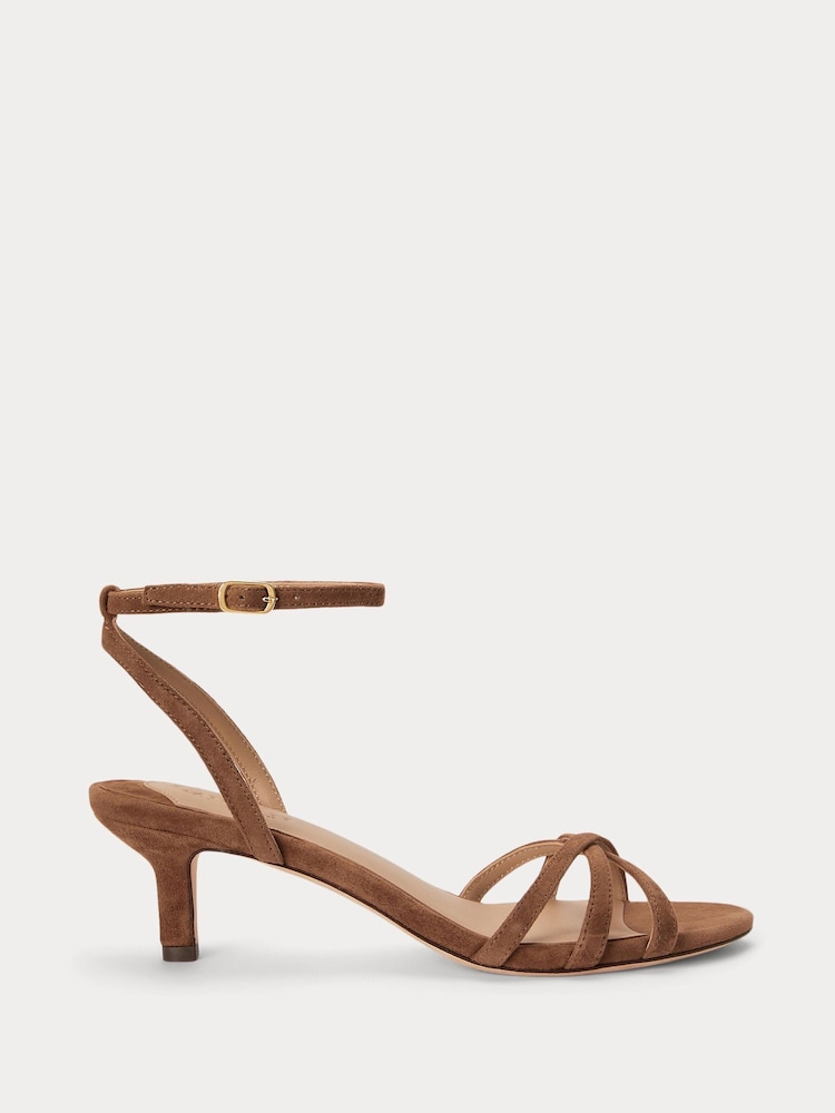 Lauren Ralph Lauren Brown Kendyl Suede Strappy Kitten Heel Ankle Strap Sandals - Image 1 of 4 Lauren Ralph Lauren Brown Kendyl Suede Strappy Kitten Heel Ankle Strap Sandals - Image 1 of 4