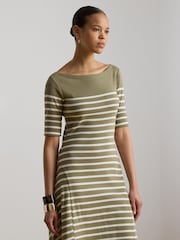 Lauren Ralph Lauren Green Munzie Striped Cotton Stretch Jersey Boat Neck Mid Sleeve Dress - Image 2 of 5