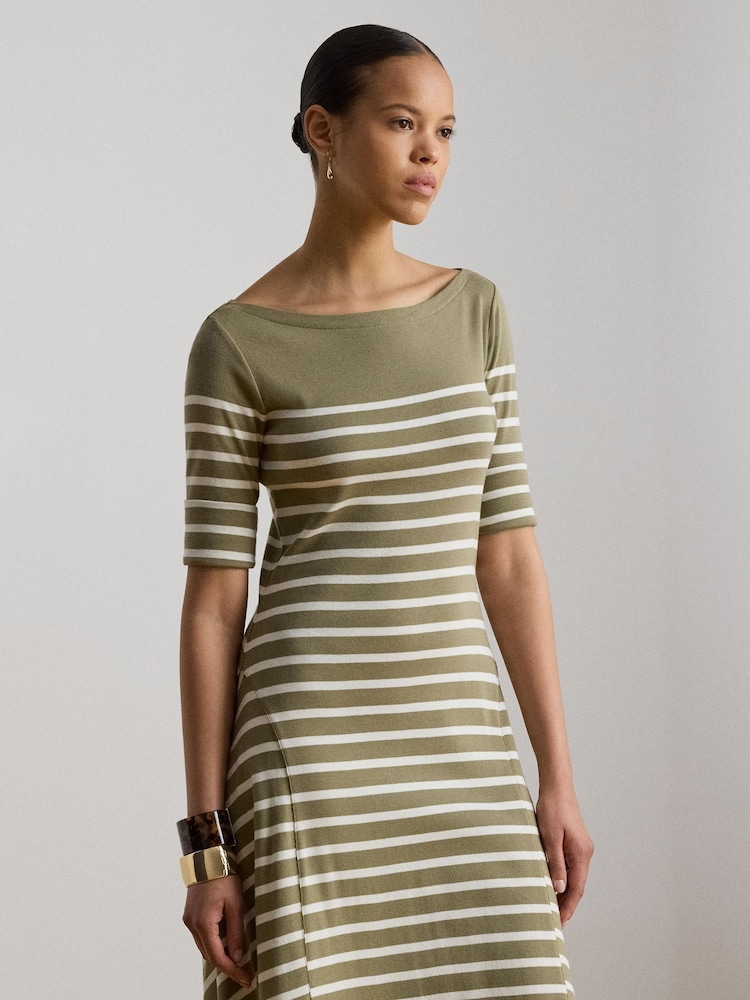 Lauren Ralph Lauren Green Munzie Striped Cotton Stretch Jersey Boat Neck Mid Sleeve Dress - Image 2 of 5