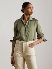 Lauren Ralph Lauren Green Satin Classic Fit Shirt With Charm - Image 1 of 4