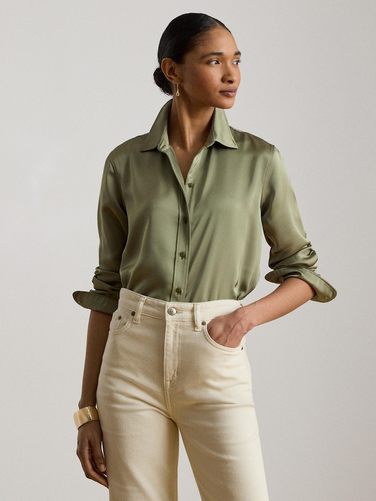 Lauren Ralph Lauren Green Satin Classic Fit Shirt With Charm - Image 1 of 4