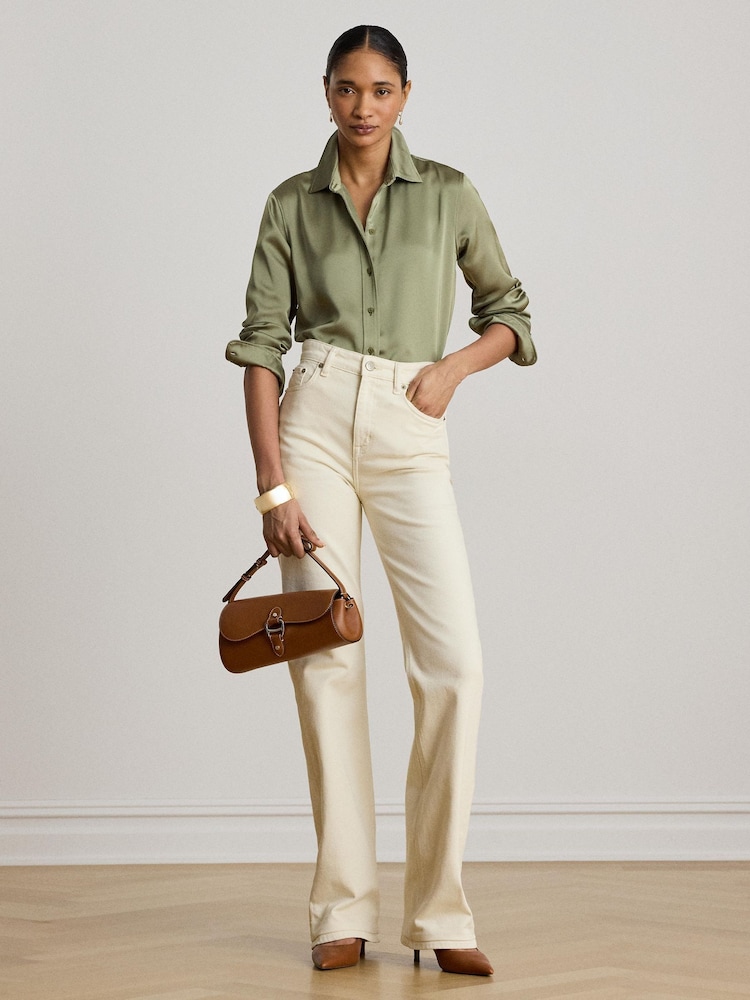 Lauren Ralph Lauren Green Satin Classic Fit Shirt With Charm - Image 2 of 4