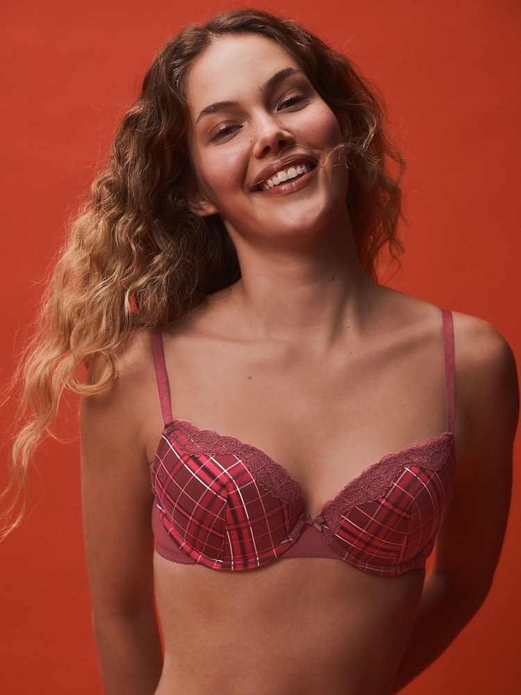 Berry Red Check A-DD Push Up Padded Balcony Bras - Image 1 of 4 Berry Red Check A-DD Push Up Padded Balcony Bras - Image 1 of 4