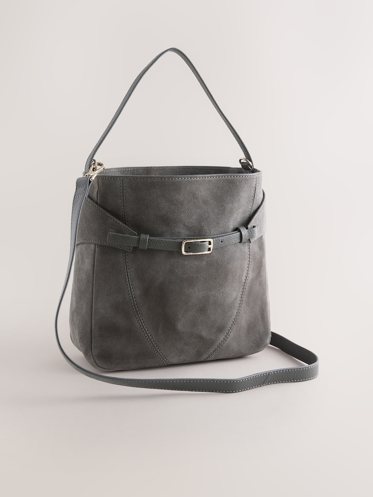Grey Leather Belted Messenger Shoulder Bag - Image 1 of 5 Grey Leather Belted Messenger Shoulder Bag - Image 1 of 5
