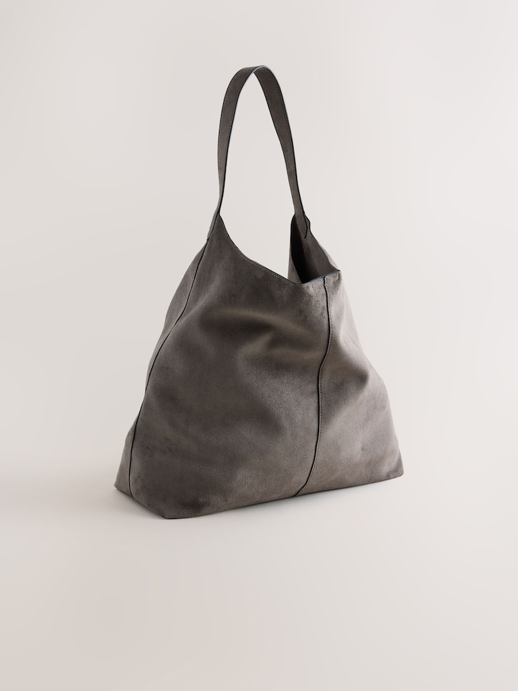 Grey Faux Suede Slouchy Shoulder Bag - Image 1 of 5